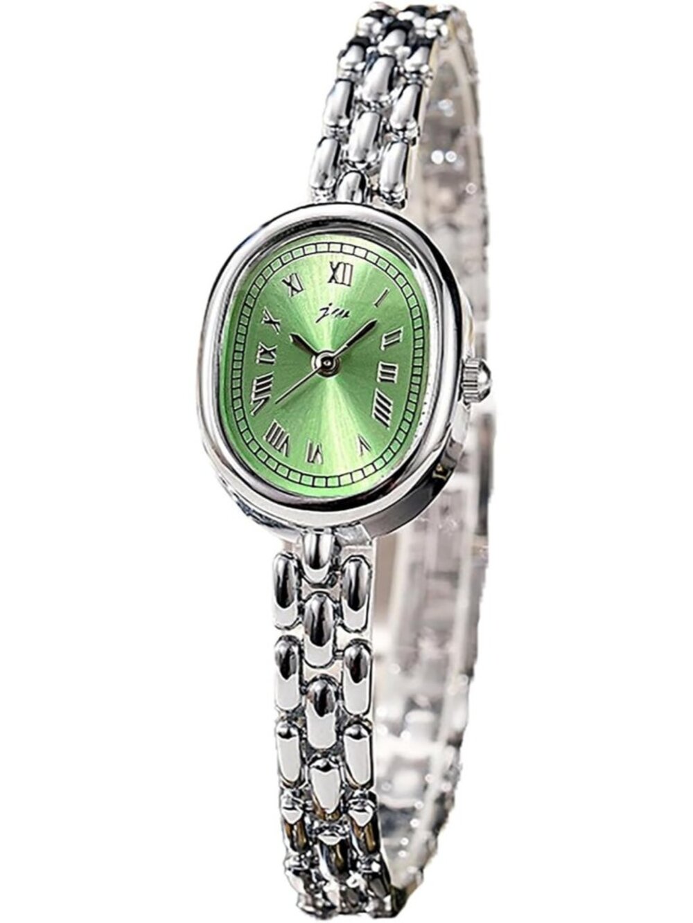 Women's Silver Green Metal Link Band Bracelet Numeral Elegant Oval Analog Watch